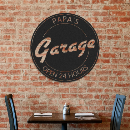 Papa's Garage Metal Sign, Custom Round Workshop Decor, Personalized Garage Wall Art, Open 24 Hours Gift for Dad or Grandpa