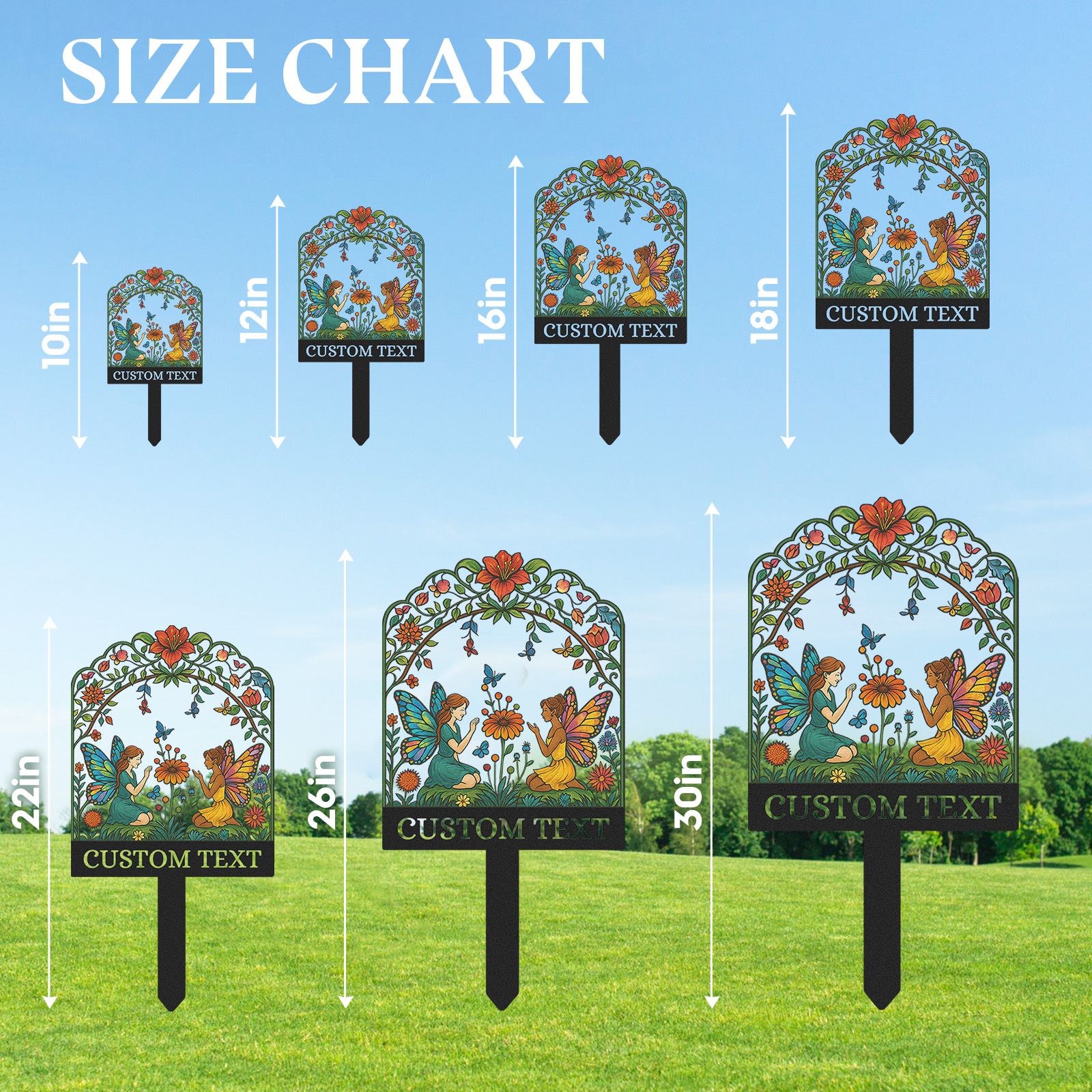 Custom Fairy Garden Sign, Personalized Colorful Metal Garden Stake with Two Fairies and Flowers, Whimsical Garden Decor for Yard, Outdoor Fantasy Name Sign Gift