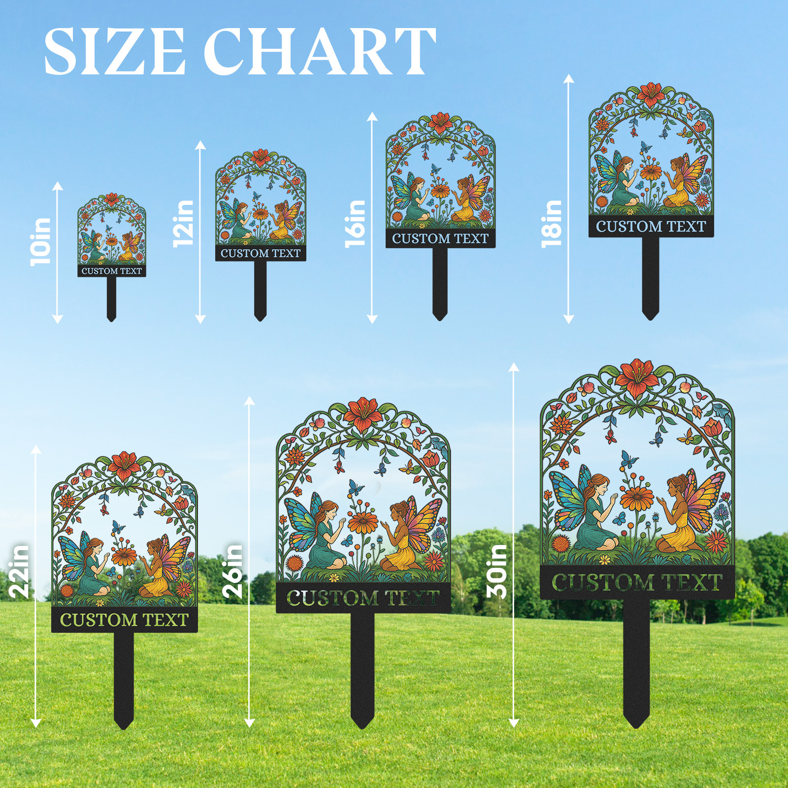 Custom Fairy Garden Sign, Personalized Colorful Metal Garden Stake with Two Fairies and Flowers, Whimsical Garden Decor for Yard, Outdoor Fantasy Name Sign Gift