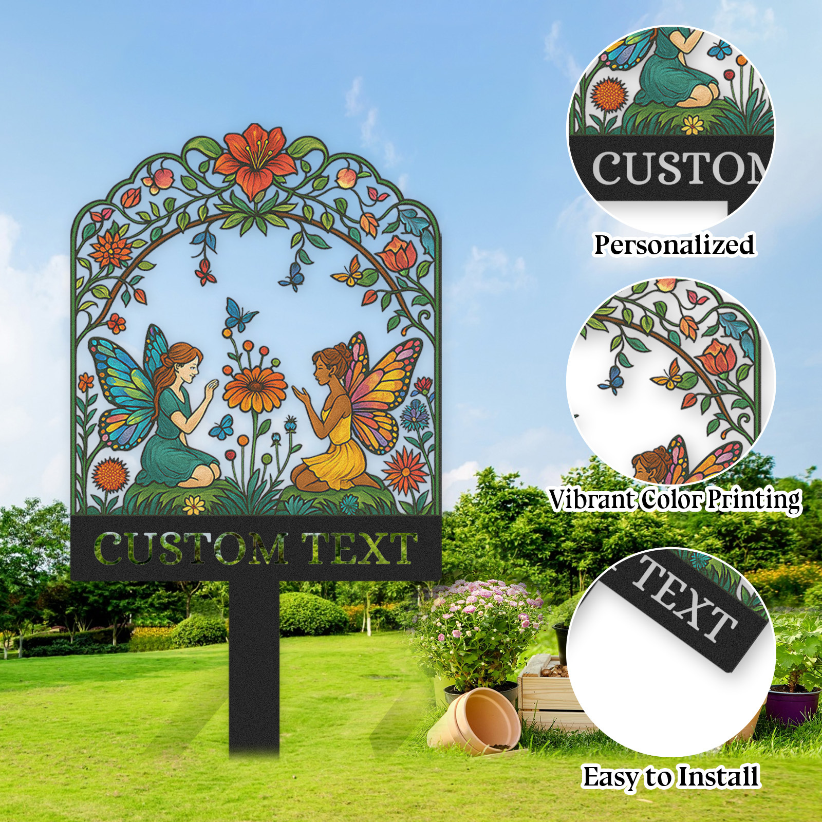 Custom Fairy Garden Sign, Personalized Colorful Metal Garden Stake with Two Fairies and Flowers, Whimsical Garden Decor for Yard, Outdoor Fantasy Name Sign Gift