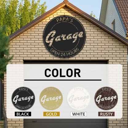 Papa's Garage Metal Sign, Custom Round Workshop Decor, Personalized Garage Wall Art, Open 24 Hours Gift for Dad or Grandpa