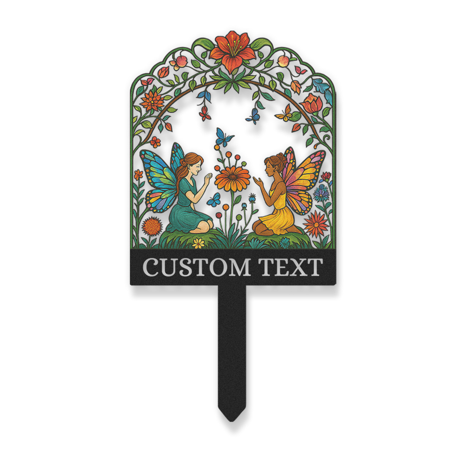 Custom Fairy Garden Sign, Personalized Colorful Metal Garden Stake with Two Fairies and Flowers, Whimsical Garden Decor for Yard, Outdoor Fantasy Name Sign Gift