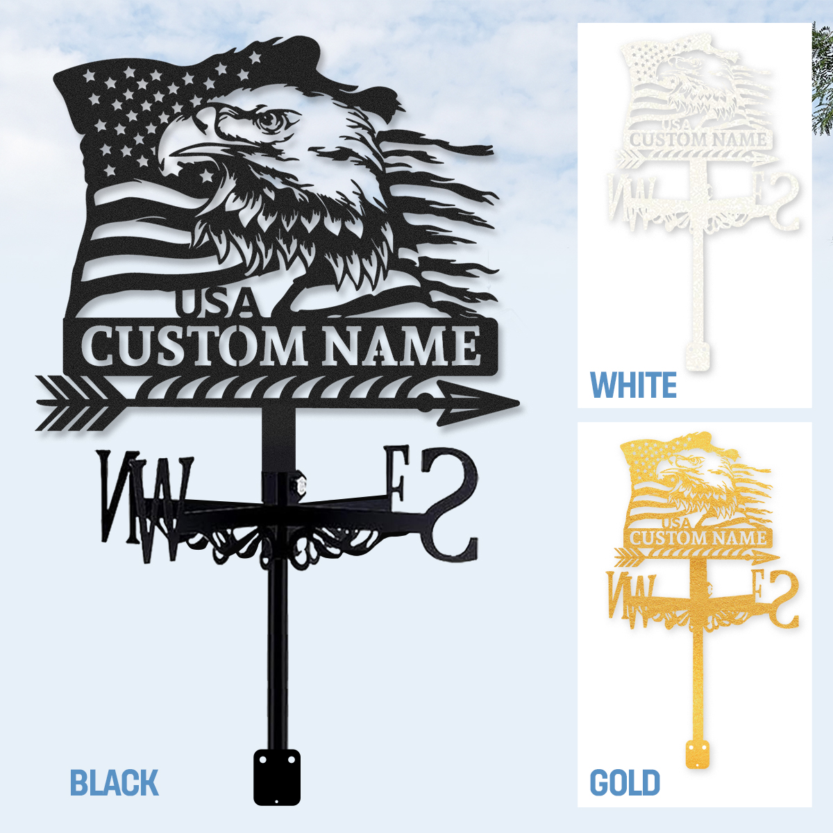 Personalized American Eagle Metal Weather Vane with Custom Name, USA Flag Patriotic Roof Wind Direction Indicator Outdoor Decor