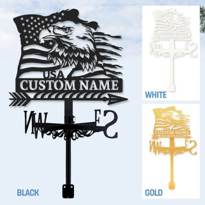 Personalized American Eagle Metal Weather Vane with Custom Name, USA Flag Patriotic Roof Wind Direction Indicator Outdoor Decor