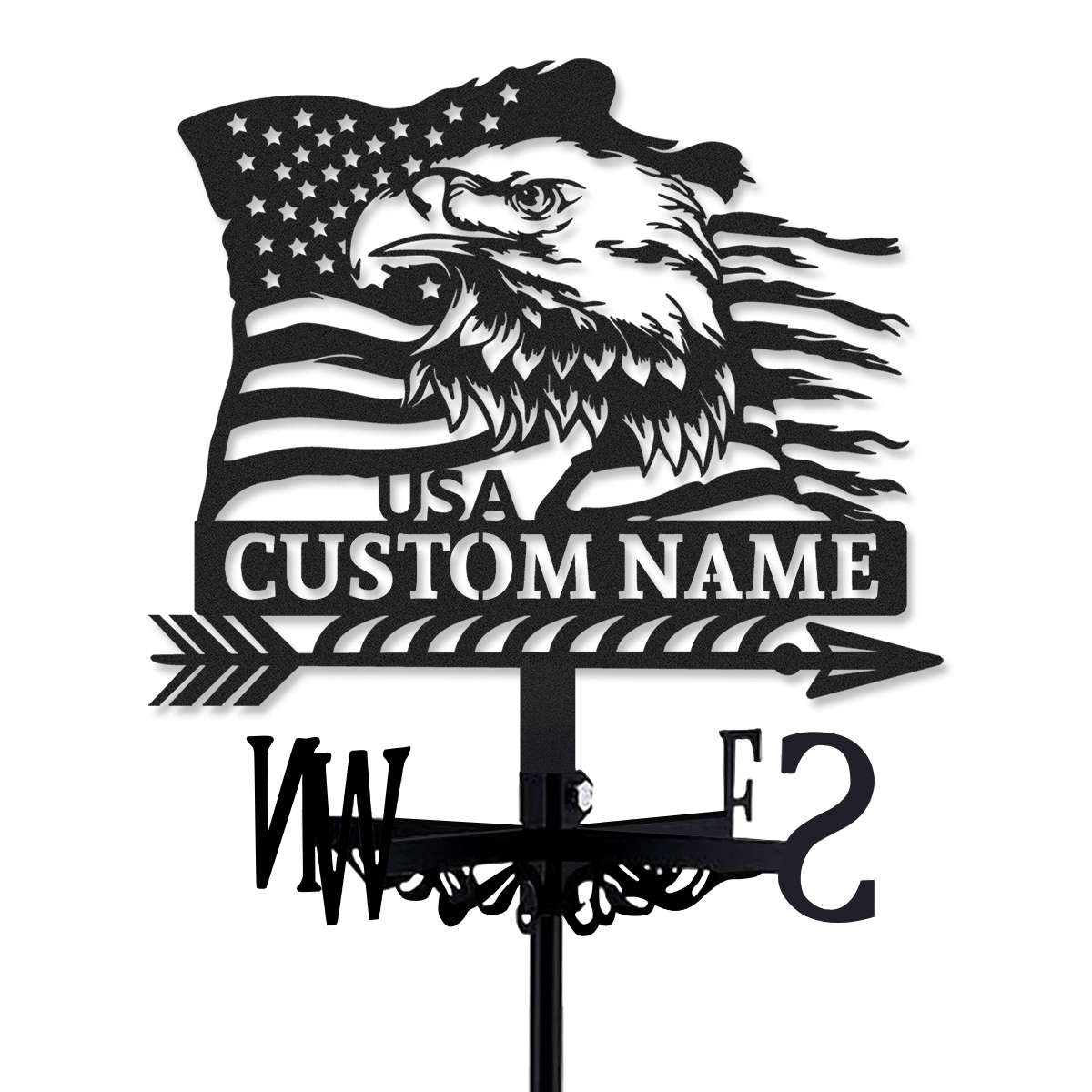 Personalized American Eagle Metal Weather Vane with Custom Name, USA Flag Patriotic Roof Wind Direction Indicator Outdoor Decor
