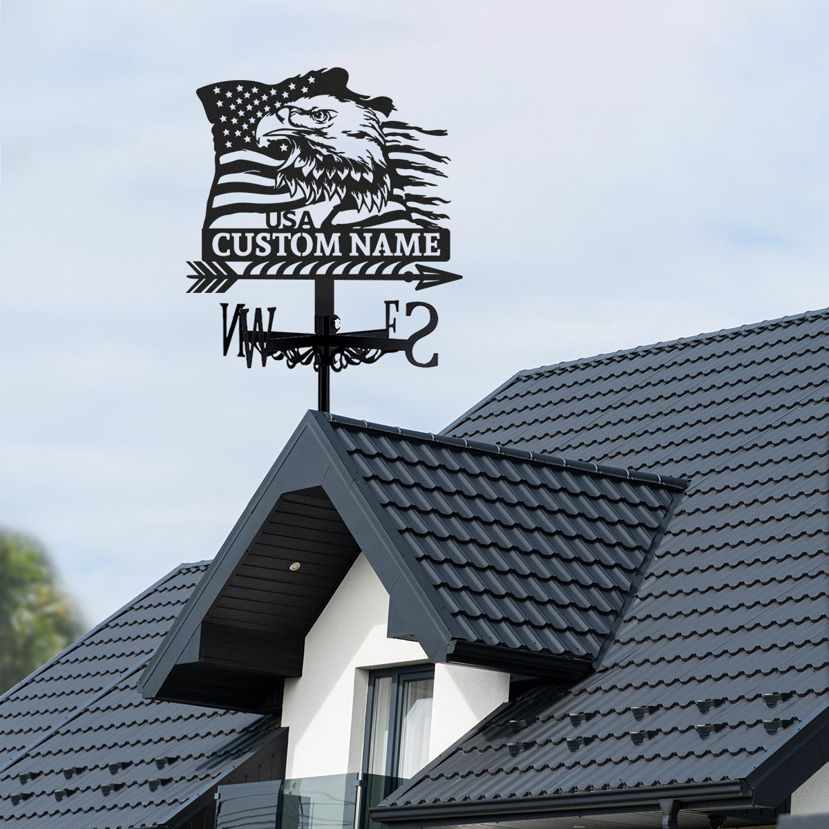 Personalized American Eagle Metal Weather Vane with Custom Name, USA Flag Patriotic Roof Wind Direction Indicator Outdoor Decor