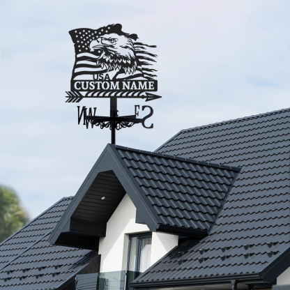 Personalized American Eagle Metal Weather Vane with Custom Name, USA Flag Patriotic Roof Wind Direction Indicator Outdoor Decor