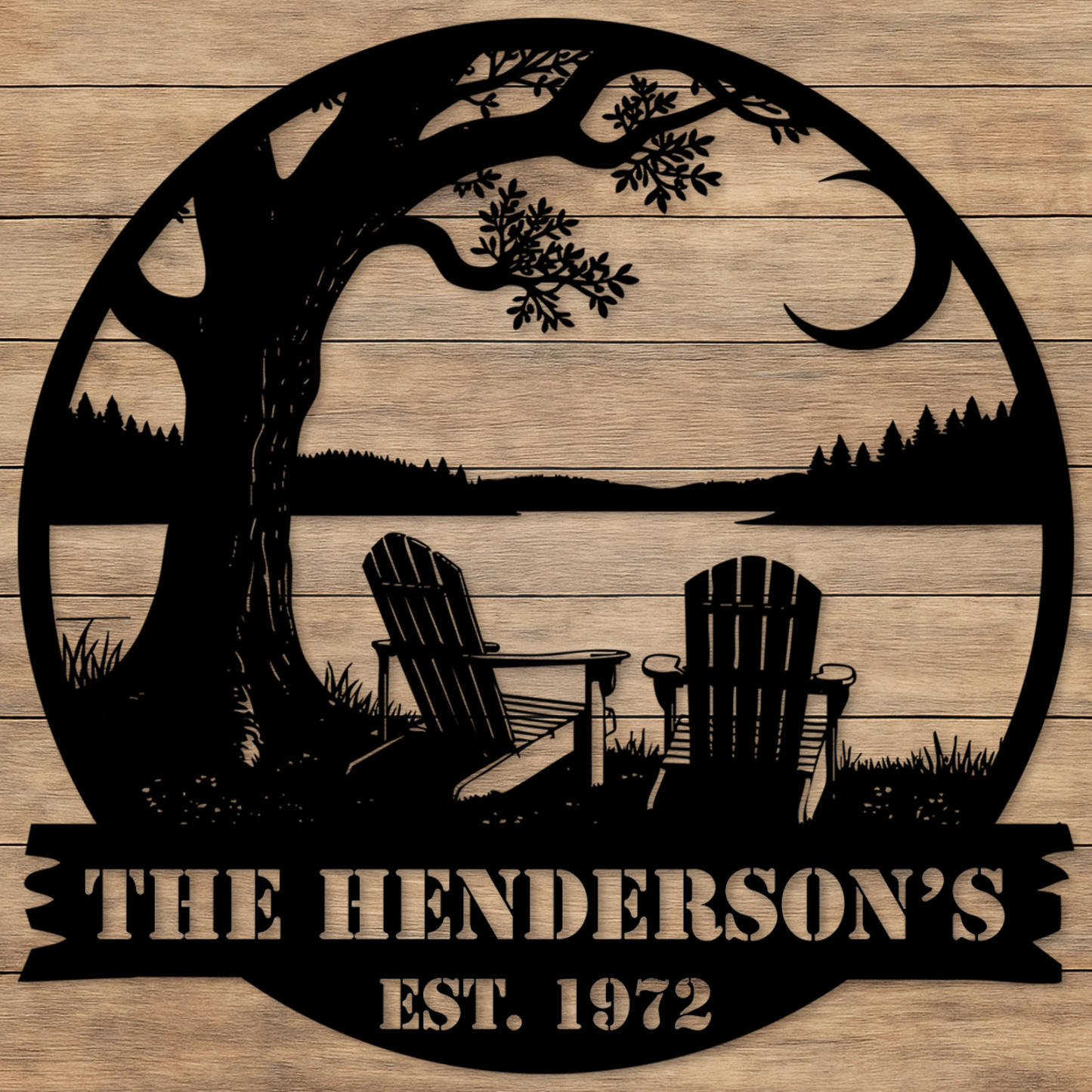 Custom Lake House Metal Sign, Personalized Tree and Adirondack Chair Scene for Family Name, Cabin or Porch Outdoor Decor