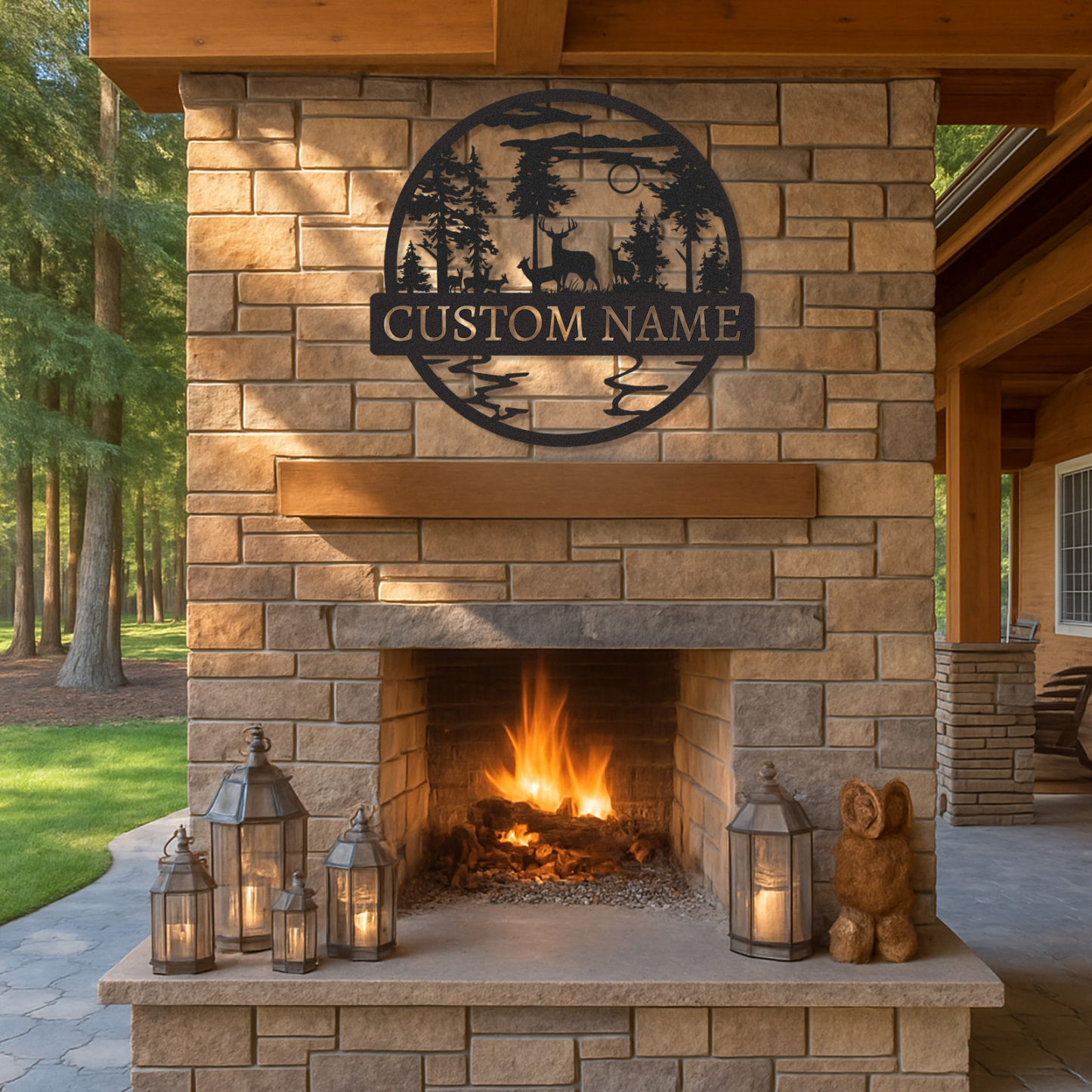 Personalized Wildlife Scene Sign, Deer Family Cabin Name Plaque, Rustic Forest Metal Decor
