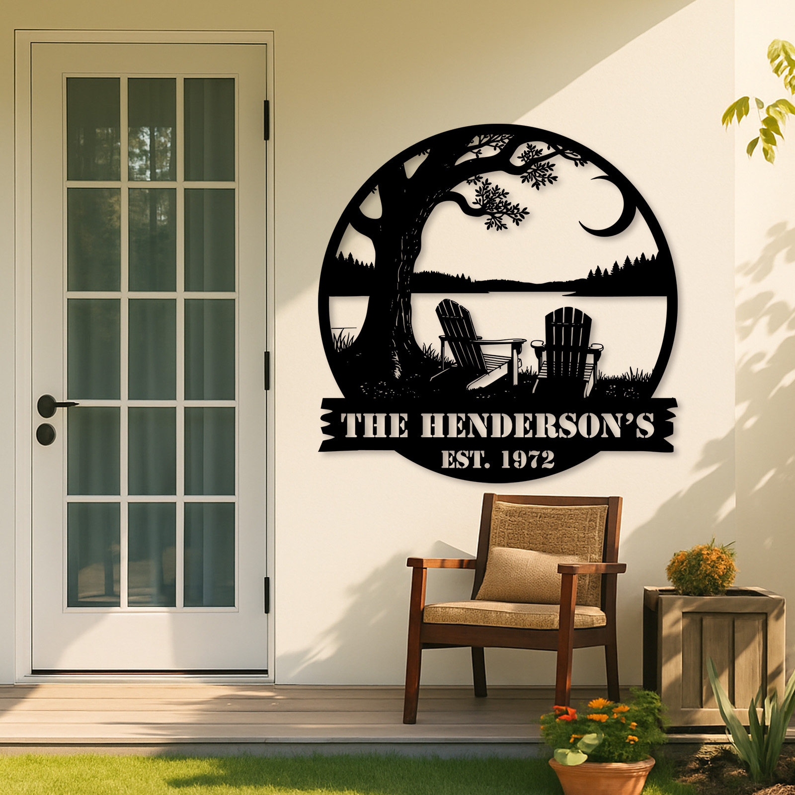 Custom Lake House Metal Sign, Personalized Tree and Adirondack Chair Scene for Family Name, Cabin or Porch Outdoor Decor