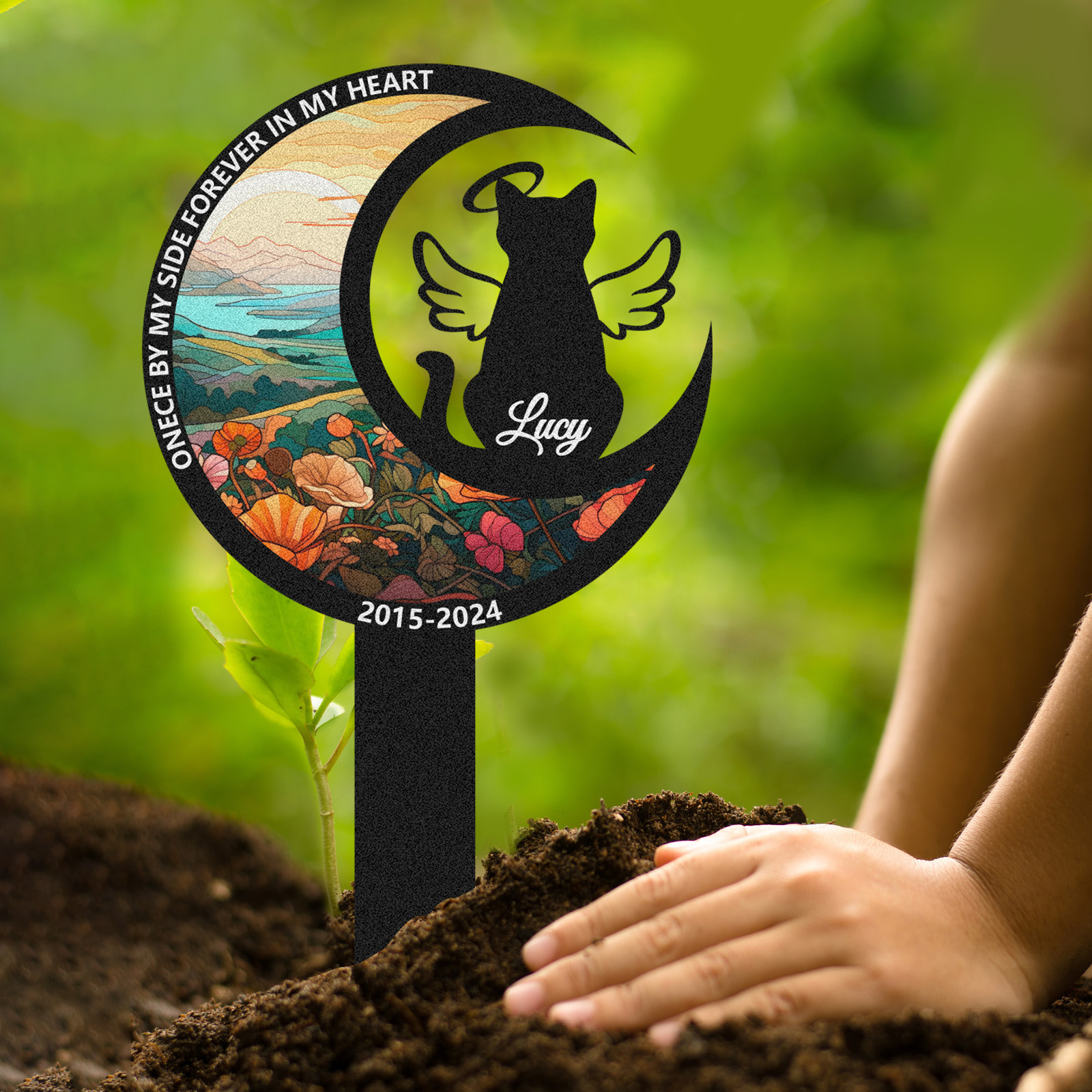 Custom Cat Memorial Garden Stake, Personalized Moon and Angel Wings Pet Grave Marker with Name and Dates