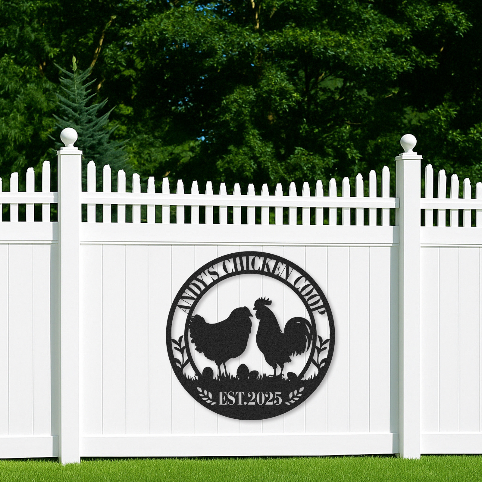 Personalized Chicken Coop Metal Sign with Eggs and Farm Scene, Custom Name Gift for Backyard Chicken Owners