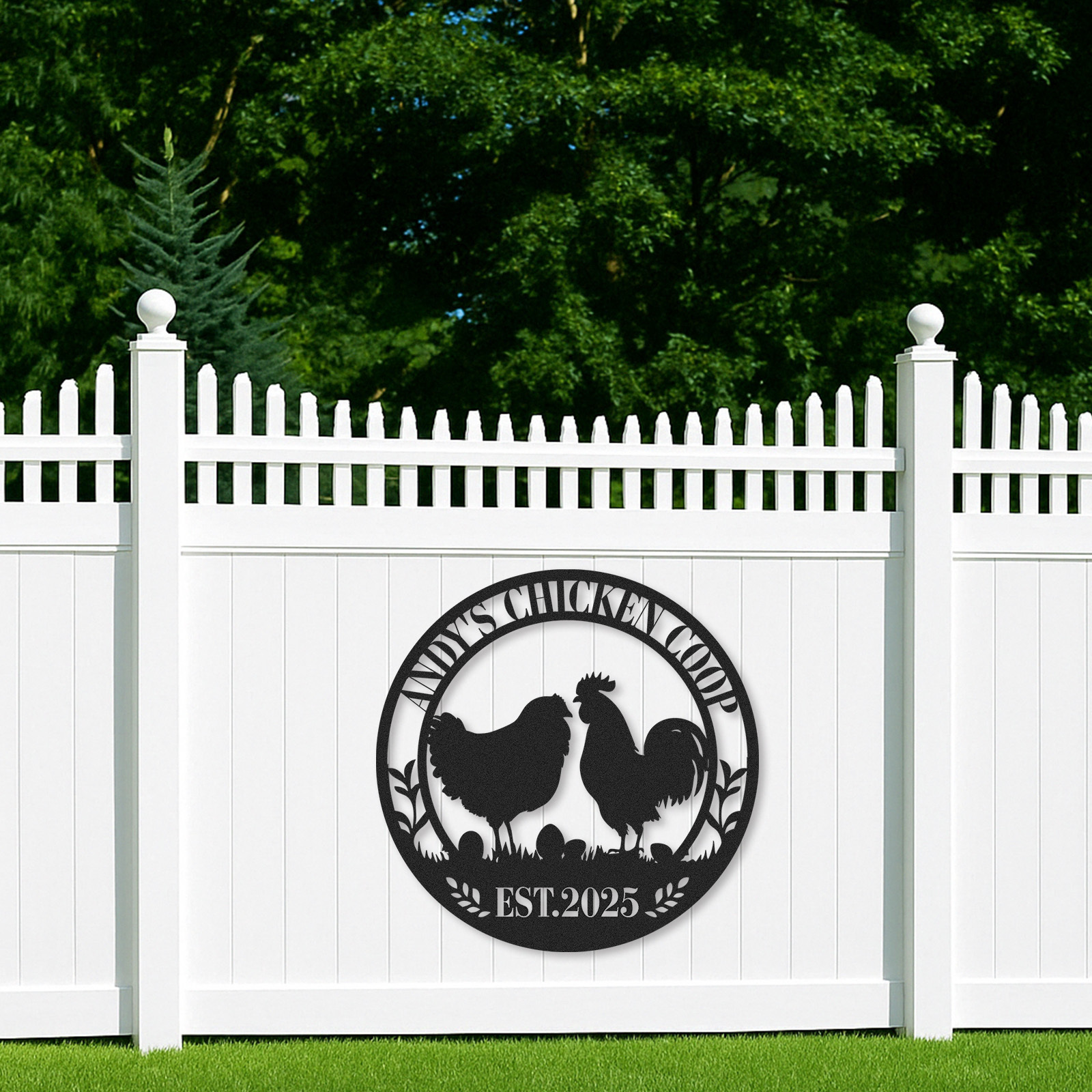 Personalized Chicken Coop Metal Sign with Eggs and Farm Scene, Custom Name Gift for Backyard Chicken Owners