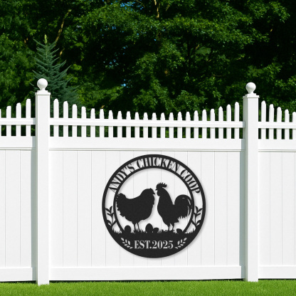 Personalized Chicken Coop Metal Sign with Eggs and Farm Scene, Custom Name Gift for Backyard Chicken Owners