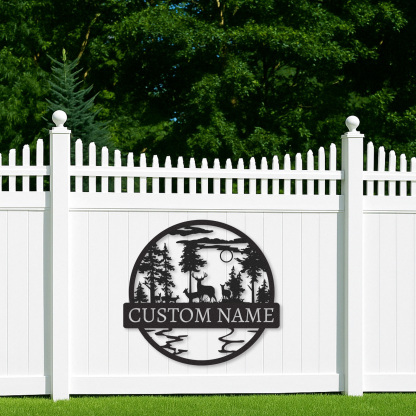 Personalized Wildlife Scene Sign, Deer Family Cabin Name Plaque, Rustic Forest Metal Decor