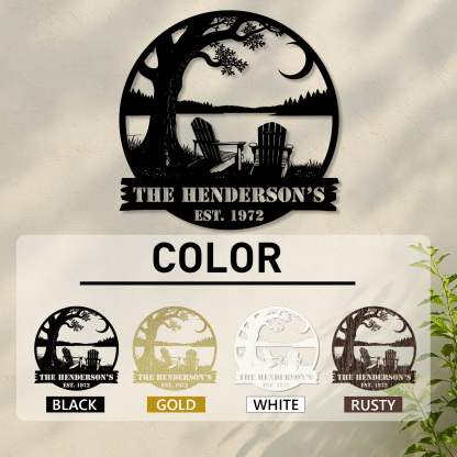 Custom Lake House Metal Sign, Personalized Tree and Adirondack Chair Scene for Family Name, Cabin or Porch Outdoor Decor