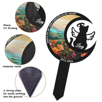 Custom Cat Memorial Garden Stake, Personalized Moon and Angel Wings Pet Grave Marker with Name and Dates