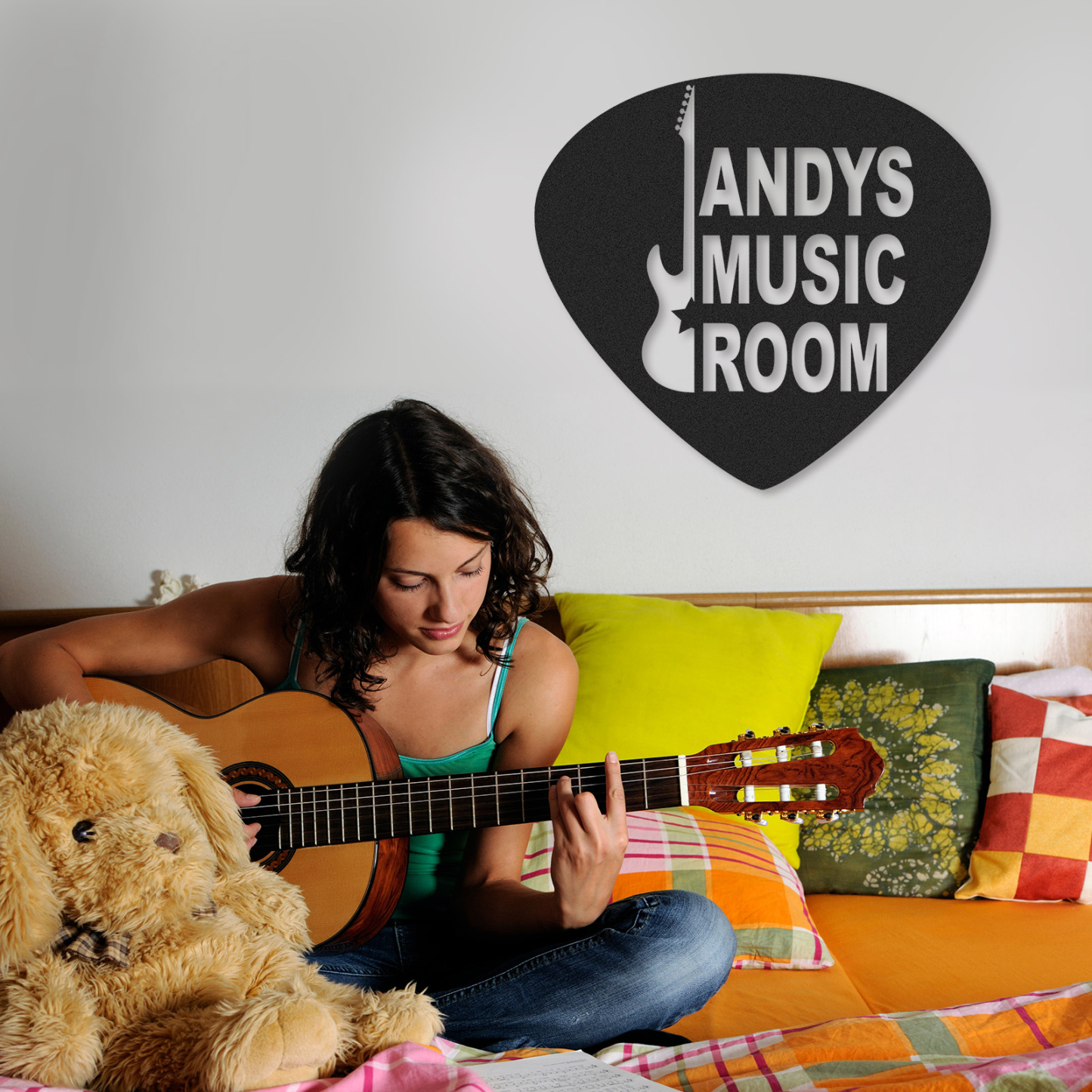 Personalized Guitar Pick Metal Sign, Custom Electric Guitar Music Room Wall Art, Gift for Rock Music Lovers