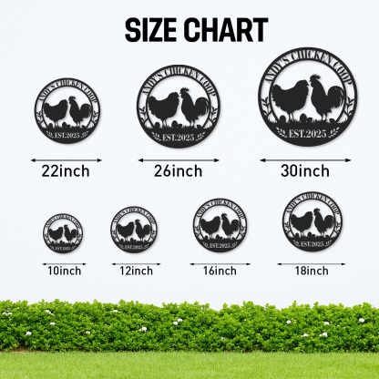 Personalized Chicken Coop Metal Sign with Eggs and Farm Scene, Custom Name Gift for Backyard Chicken Owners