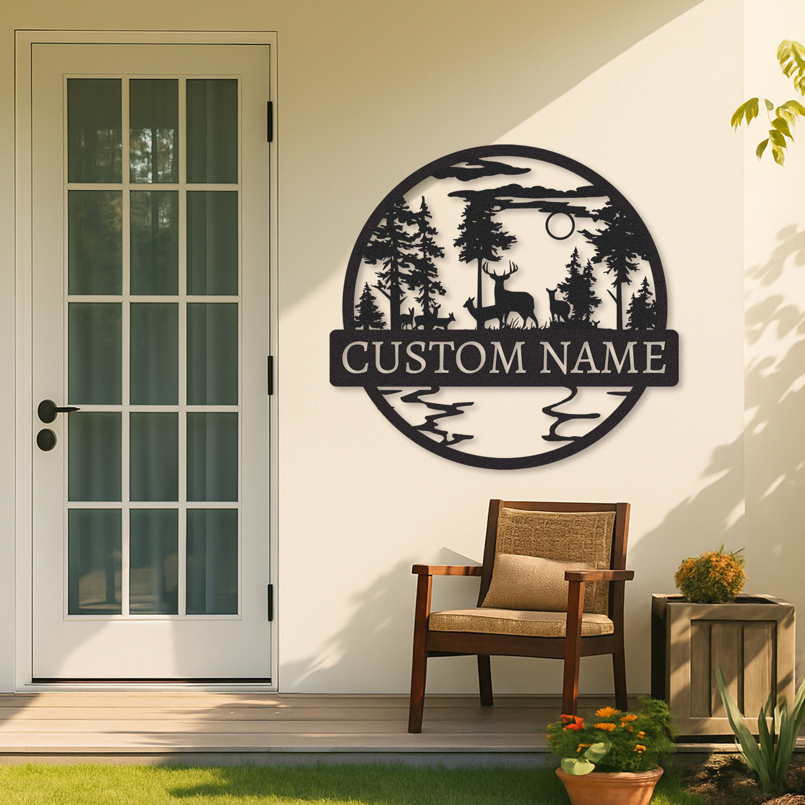 Personalized Wildlife Scene Sign, Deer Family Cabin Name Plaque, Rustic Forest Metal Decor