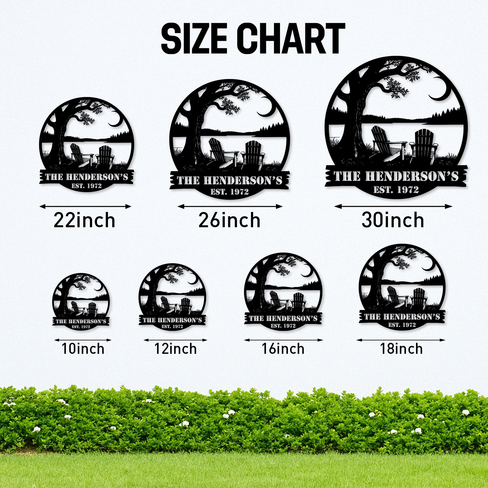 Custom Lake House Metal Sign, Personalized Tree and Adirondack Chair Scene for Family Name, Cabin or Porch Outdoor Decor