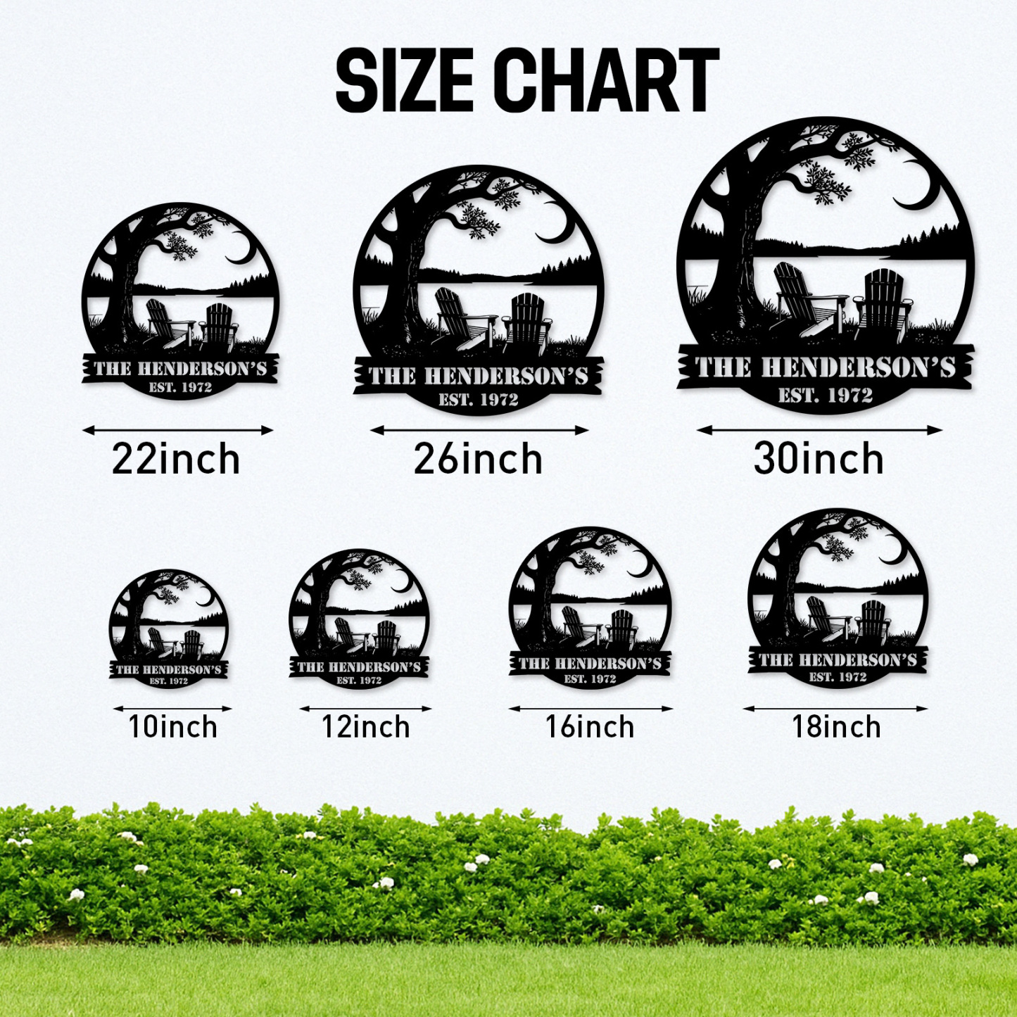 Custom Lake House Metal Sign, Personalized Tree and Adirondack Chair Scene for Family Name, Cabin or Porch Outdoor Decor