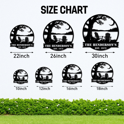 Custom Lake House Metal Sign, Personalized Tree and Adirondack Chair Scene for Family Name, Cabin or Porch Outdoor Decor