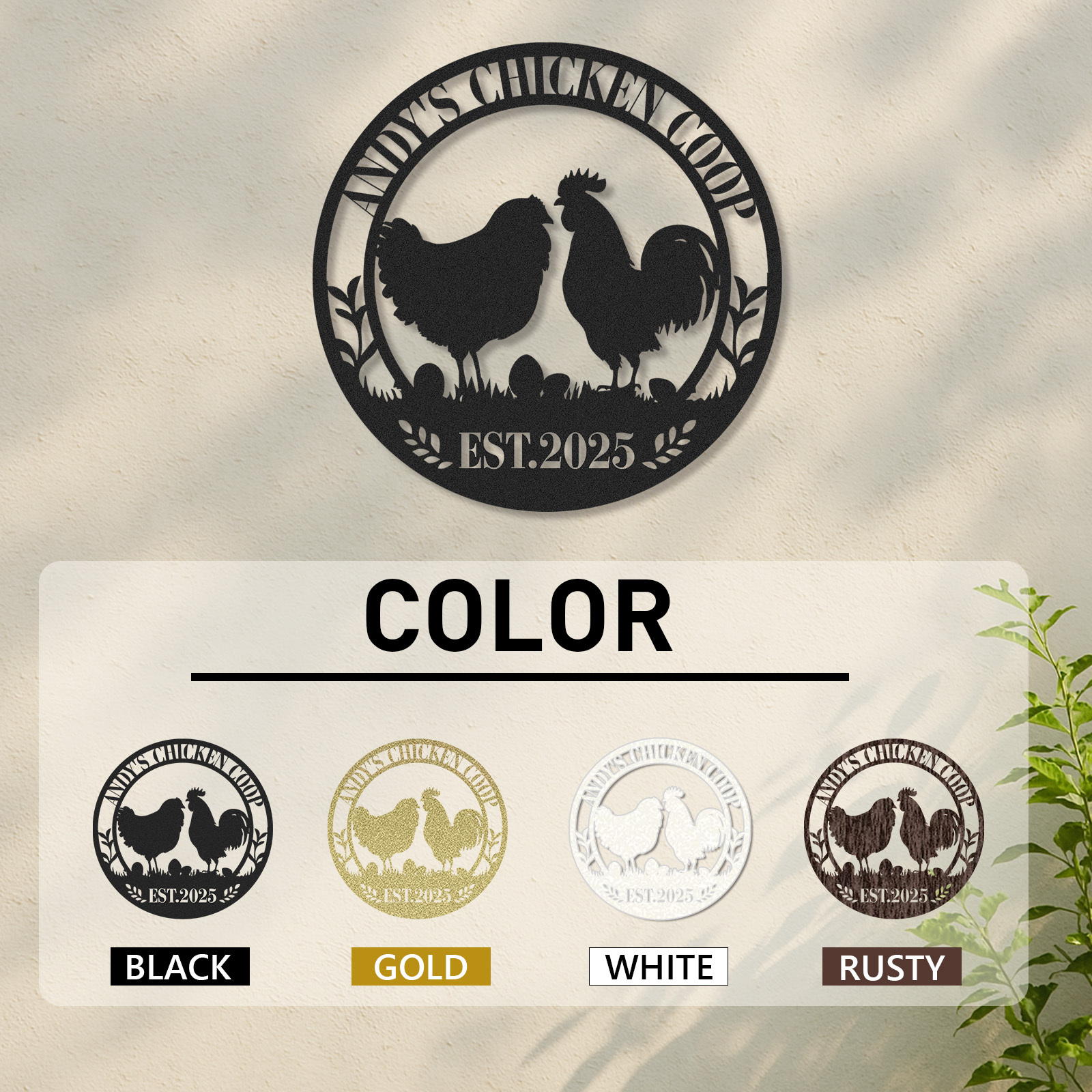 Personalized Chicken Coop Metal Sign with Eggs and Farm Scene, Custom Name Gift for Backyard Chicken Owners