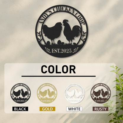 Personalized Chicken Coop Metal Sign with Eggs and Farm Scene, Custom Name Gift for Backyard Chicken Owners