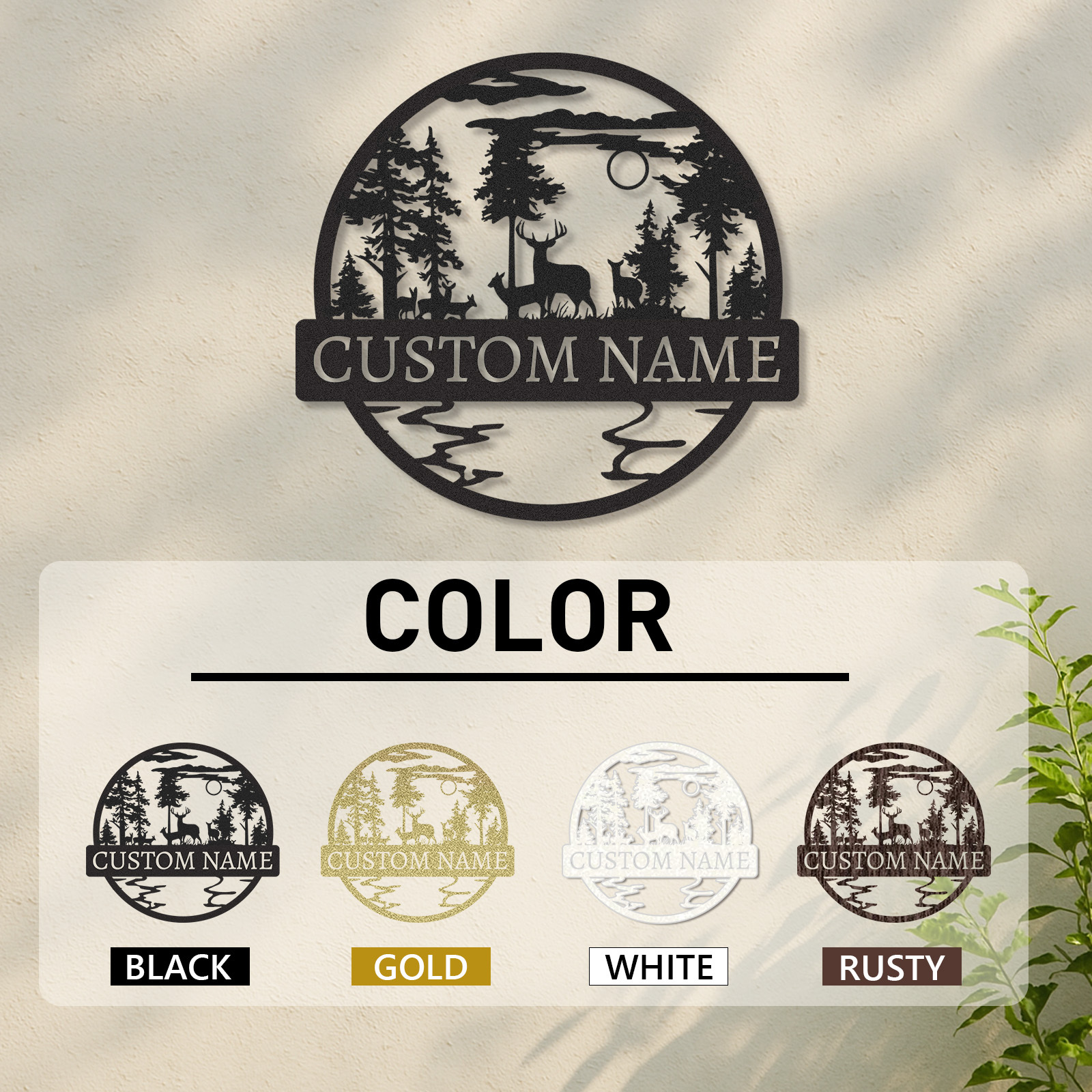 Personalized Wildlife Scene Sign, Deer Family Cabin Name Plaque, Rustic Forest Metal Decor