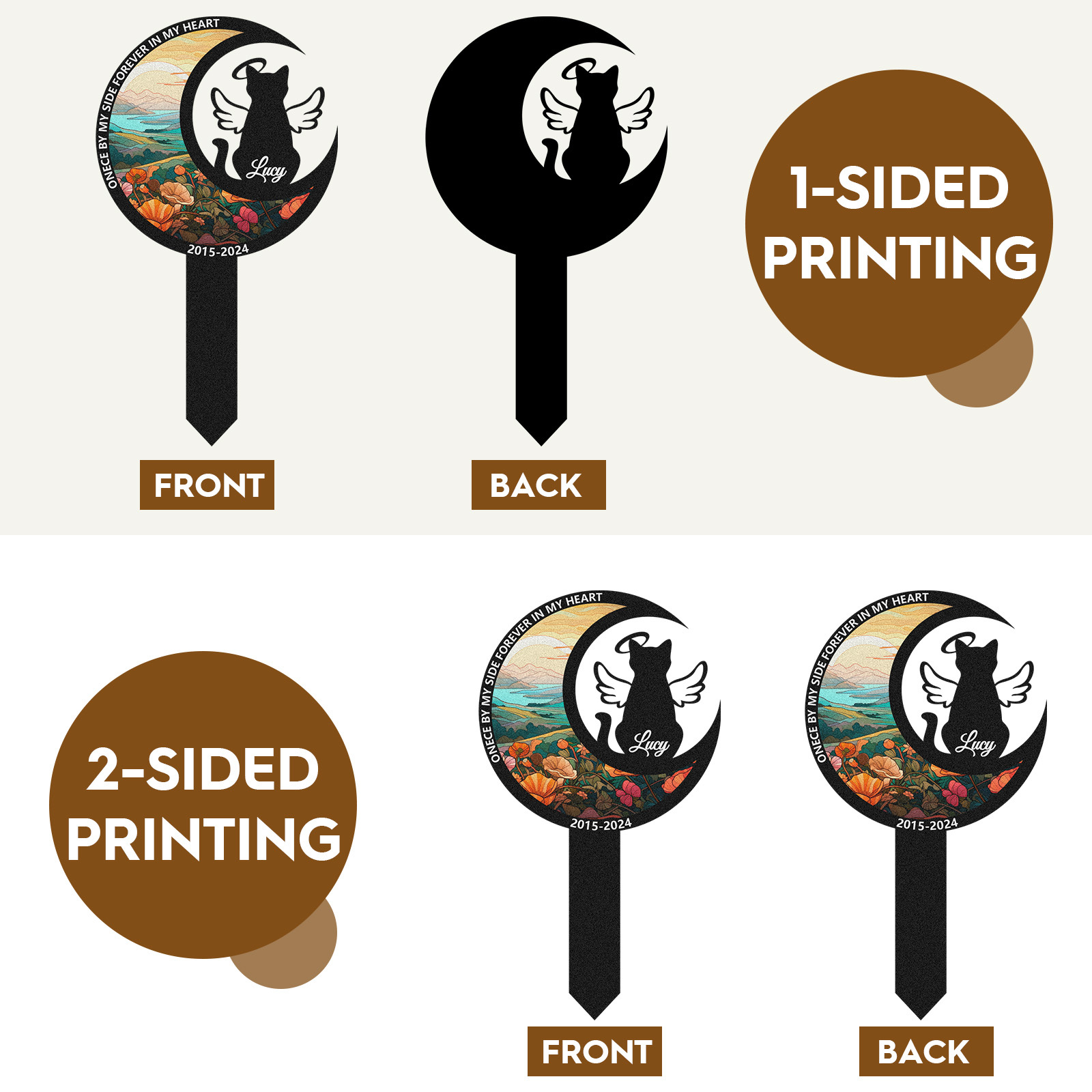 Custom Cat Memorial Garden Stake, Personalized Moon and Angel Wings Pet Grave Marker with Name and Dates