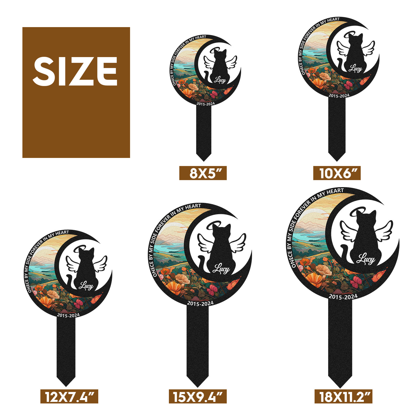 Custom Cat Memorial Garden Stake, Personalized Moon and Angel Wings Pet Grave Marker with Name and Dates