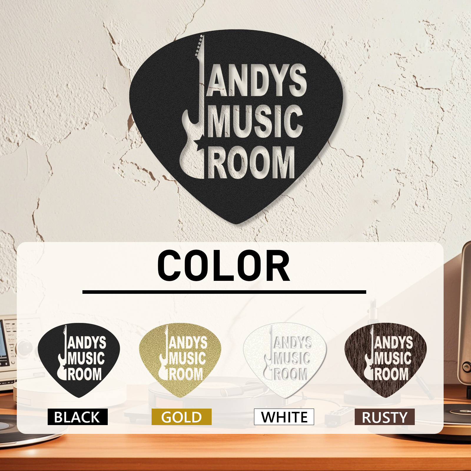 Personalized Guitar Pick Metal Sign, Custom Electric Guitar Music Room Wall Art, Gift for Rock Music Lovers