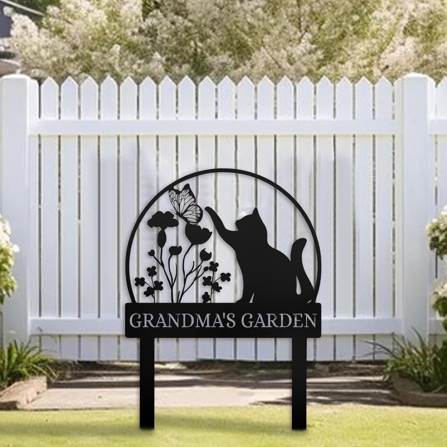 Custom Cat Garden Stake Sign, Funny Personalized Yard Decor, Butterfly & Pet Outdoor Metal Plaque-MetalsignX