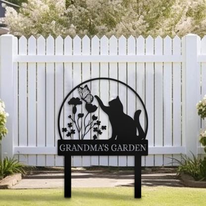 Custom Cat Garden Stake Sign, Funny Personalized Yard Decor, Butterfly & Pet Outdoor Metal Plaque-MetalsignX
