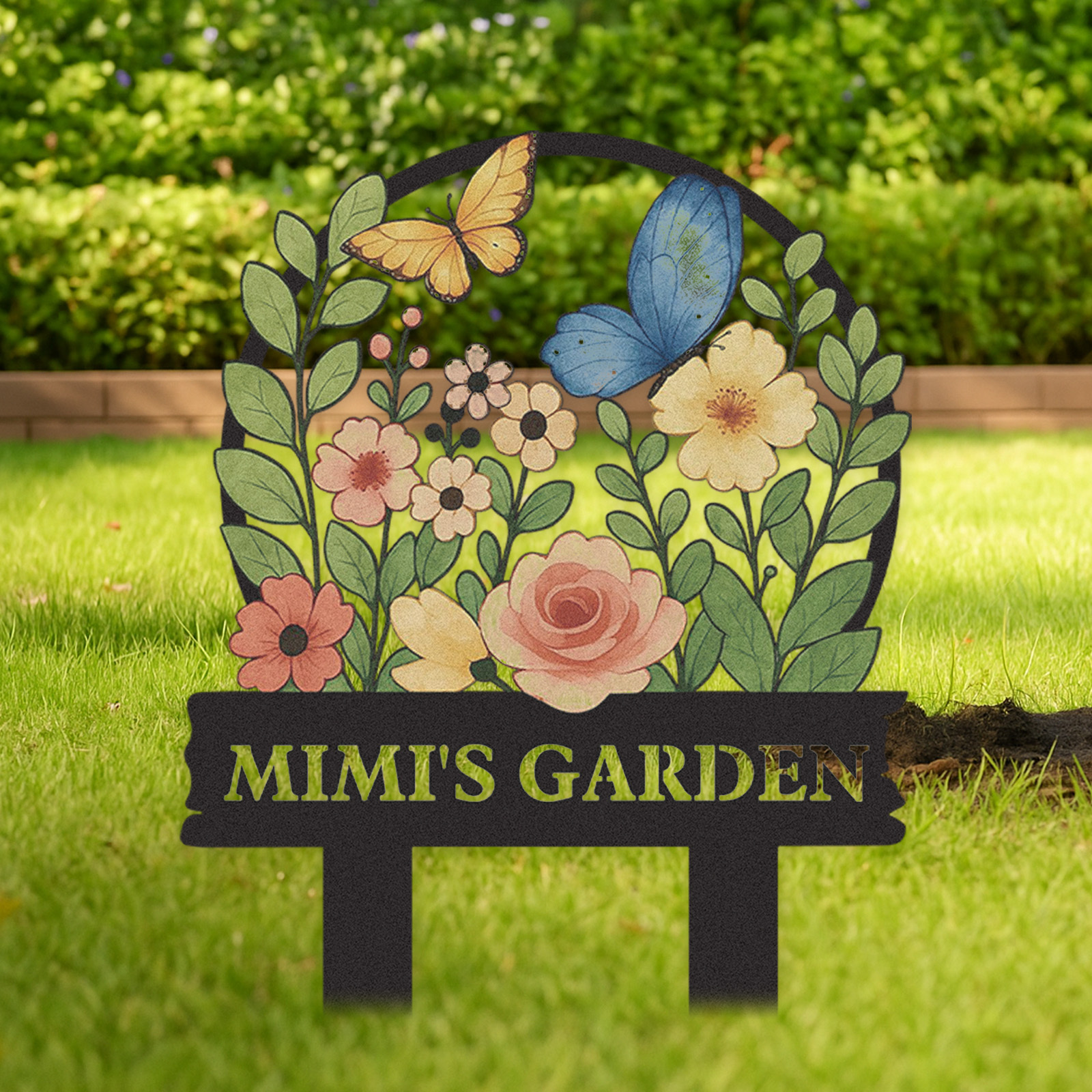 Personalized Garden Sign with Butterflies and Flowers, Custom Colorful Metal Garden Stake for Yard Decor, Floral Garden Name Sign Outdoor Personalized Gift