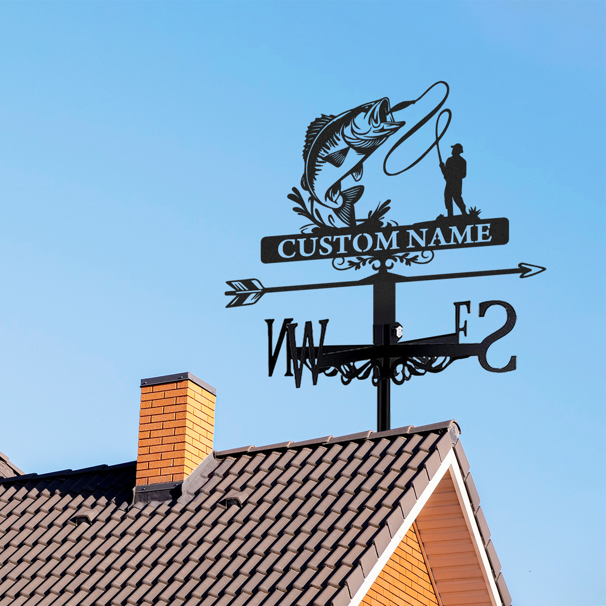 Personalized Fishing Metal Weather Vane with Custom Name, Bass Fish and Fisherman Roof Wind Direction Indicator Outdoor Decor