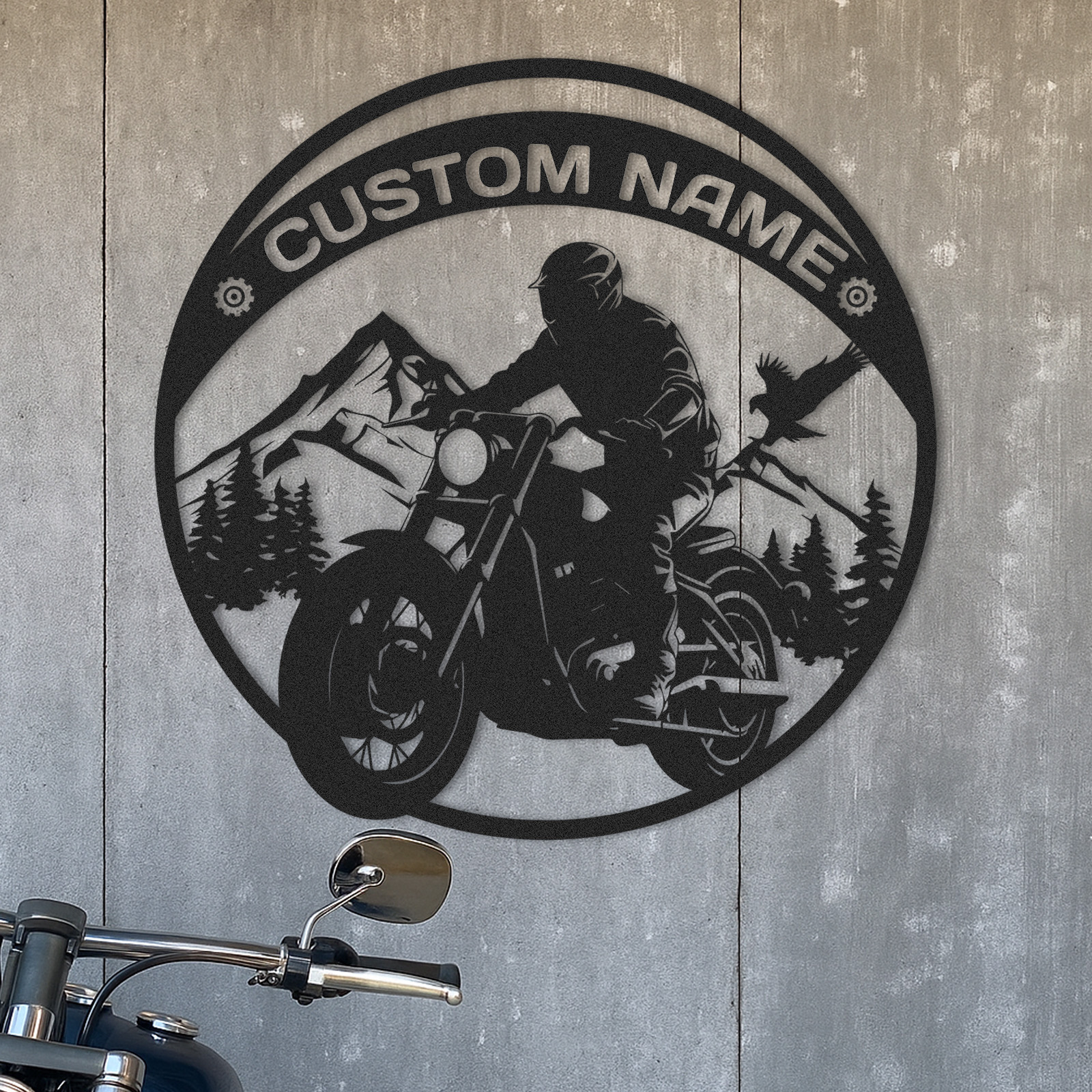 Custom Mountain Motorcycle Wall Art Sign, Personalized Biker Metal Decor with Forest and Eagle, Rustic Garage or Cabin Name Sign, Gift for Rider or Dad