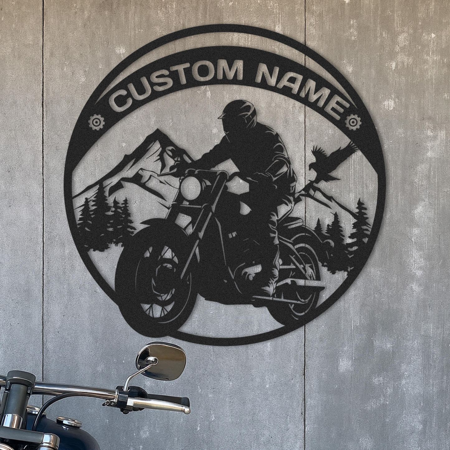 Custom Mountain Motorcycle Wall Art Sign, Personalized Biker Metal Decor with Forest and Eagle, Rustic Garage or Cabin Name Sign, Gift for Rider or Dad
