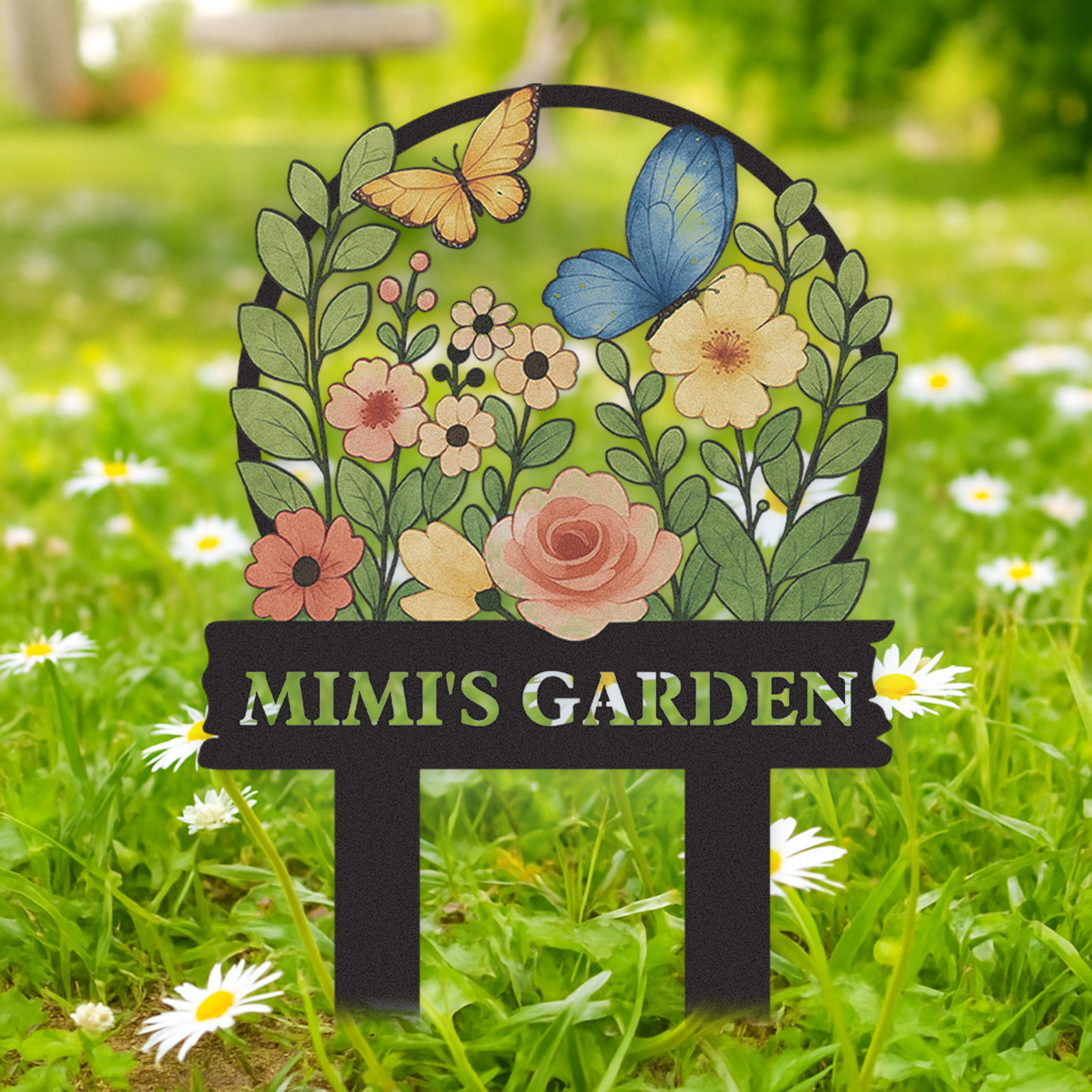Personalized Garden Sign with Butterflies and Flowers, Custom Colorful Metal Garden Stake for Yard Decor, Floral Garden Name Sign Outdoor Personalized Gift