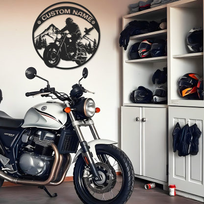 Custom Mountain Motorcycle Wall Art Sign, Personalized Biker Metal Decor with Forest and Eagle, Rustic Garage or Cabin Name Sign, Gift for Rider or Dad