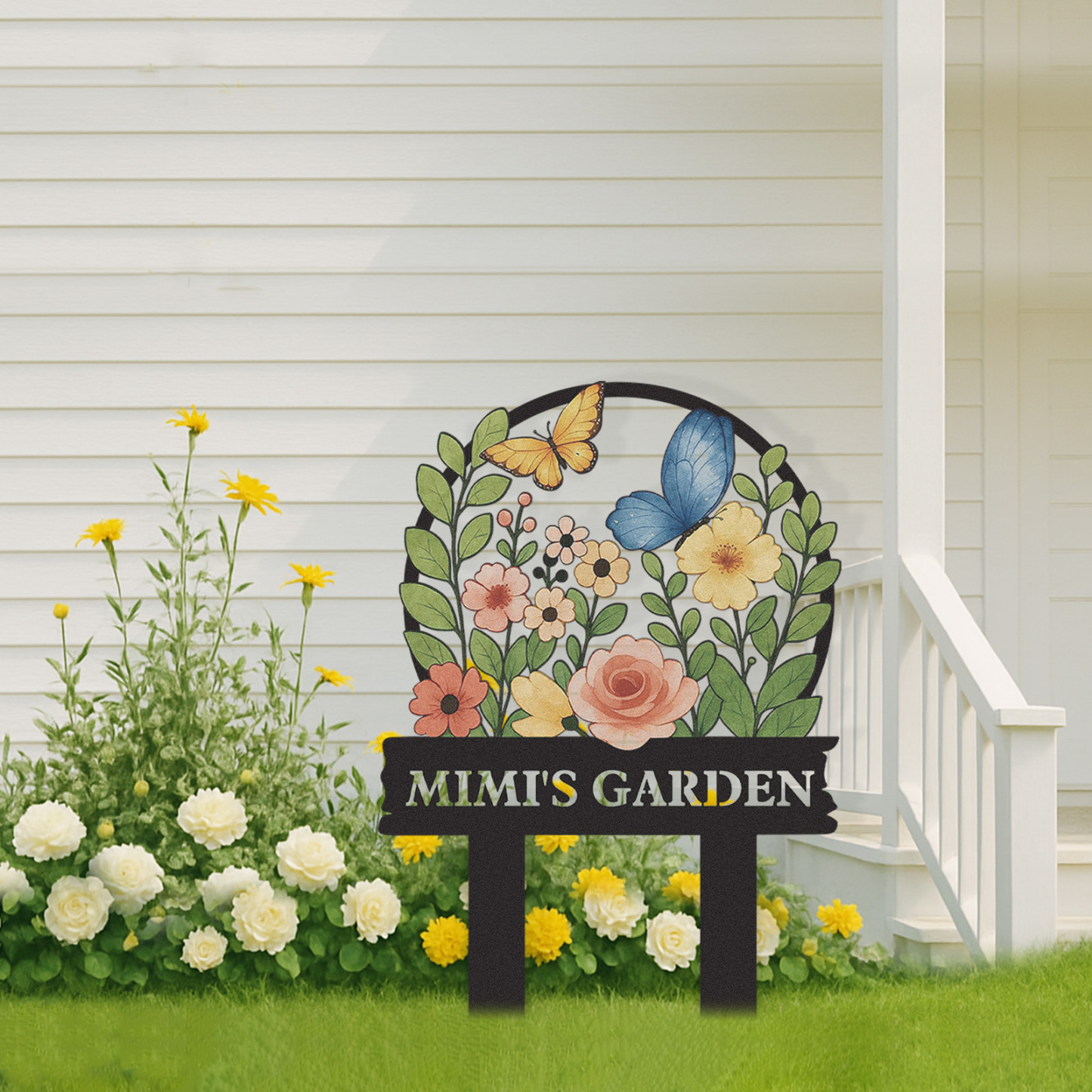 Personalized Garden Sign with Butterflies and Flowers, Custom Colorful Metal Garden Stake for Yard Decor, Floral Garden Name Sign Outdoor Personalized Gift