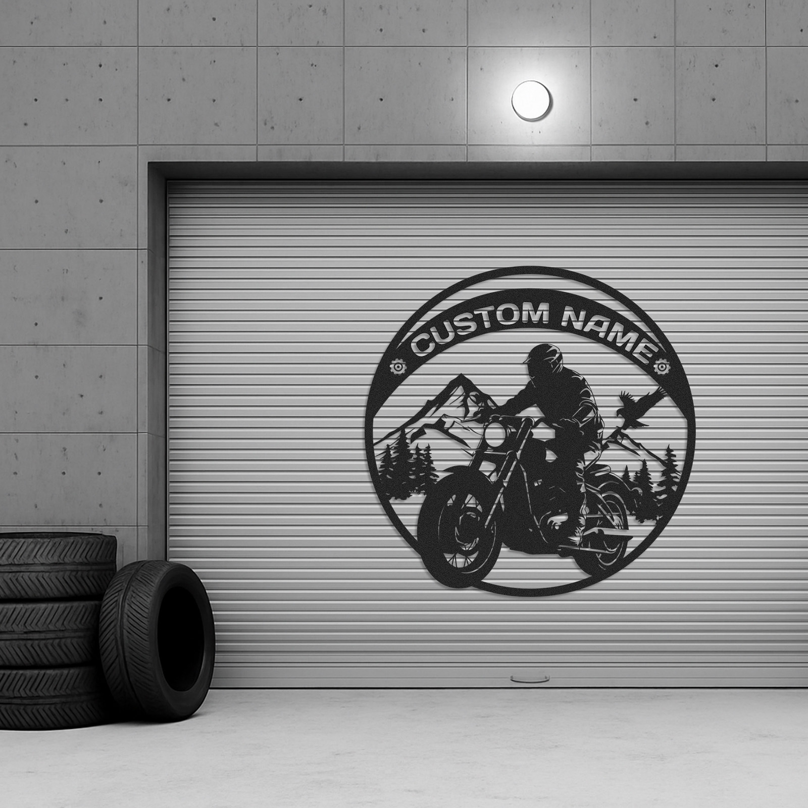 Custom Mountain Motorcycle Wall Art Sign, Personalized Biker Metal Decor with Forest and Eagle, Rustic Garage or Cabin Name Sign, Gift for Rider or Dad