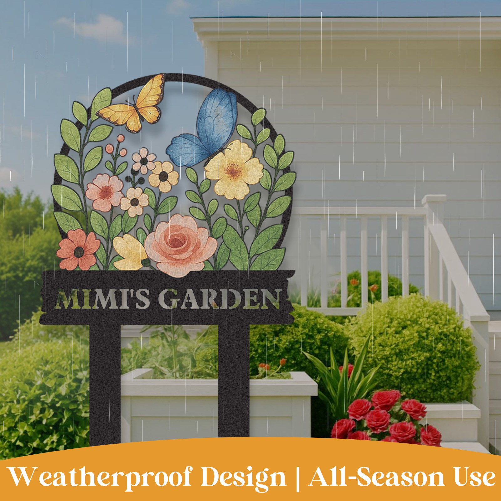 Personalized Garden Sign with Butterflies and Flowers, Custom Colorful Metal Garden Stake for Yard Decor, Floral Garden Name Sign Outdoor Personalized Gift