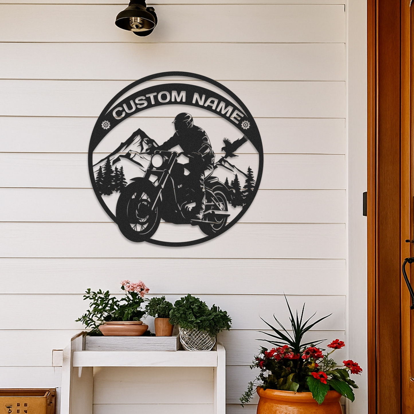 Custom Mountain Motorcycle Wall Art Sign, Personalized Biker Metal Decor with Forest and Eagle, Rustic Garage or Cabin Name Sign, Gift for Rider or Dad
