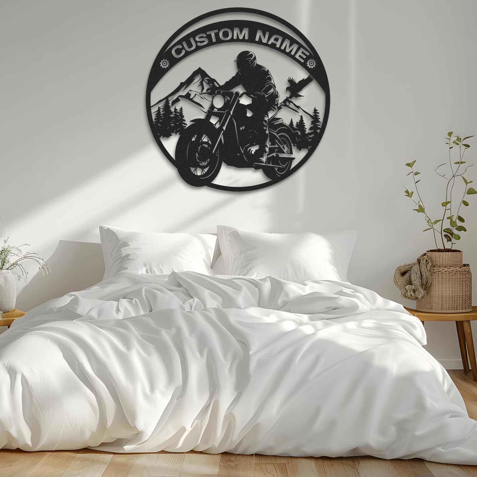 Custom Mountain Motorcycle Wall Art Sign, Personalized Biker Metal Decor with Forest and Eagle, Rustic Garage or Cabin Name Sign, Gift for Rider or Dad