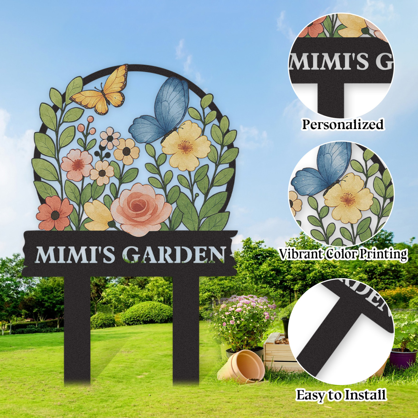 Personalized Garden Sign with Butterflies and Flowers, Custom Colorful Metal Garden Stake for Yard Decor, Floral Garden Name Sign Outdoor Personalized Gift