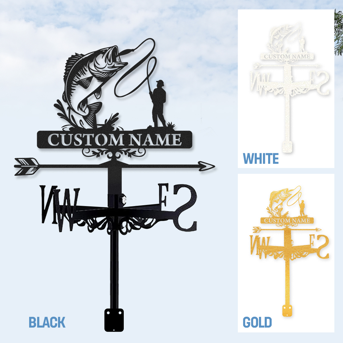 Personalized Fishing Metal Weather Vane with Custom Name, Bass Fish and Fisherman Roof Wind Direction Indicator Outdoor Decor