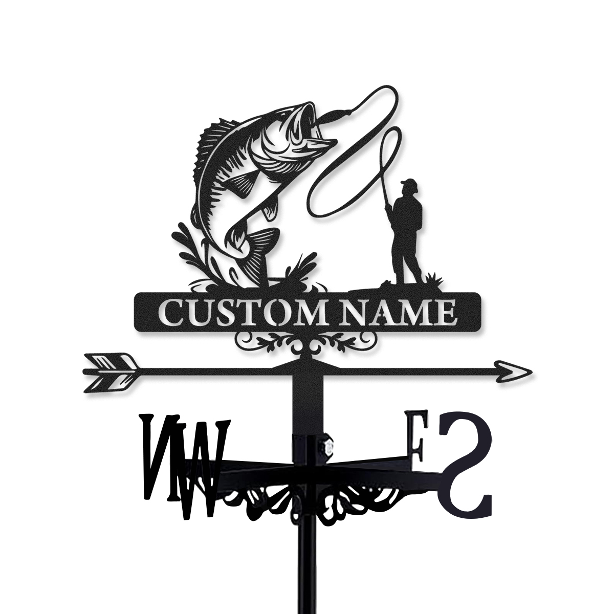 Personalized Fishing Metal Weather Vane with Custom Name, Bass Fish and Fisherman Roof Wind Direction Indicator Outdoor Decor