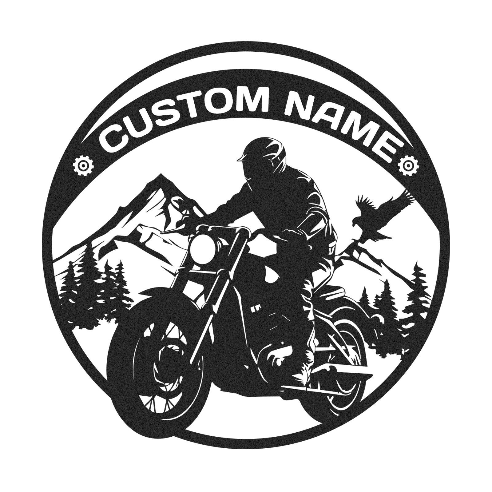 Custom Mountain Motorcycle Wall Art Sign, Personalized Biker Metal Decor with Forest and Eagle, Rustic Garage or Cabin Name Sign, Gift for Rider or Dad
